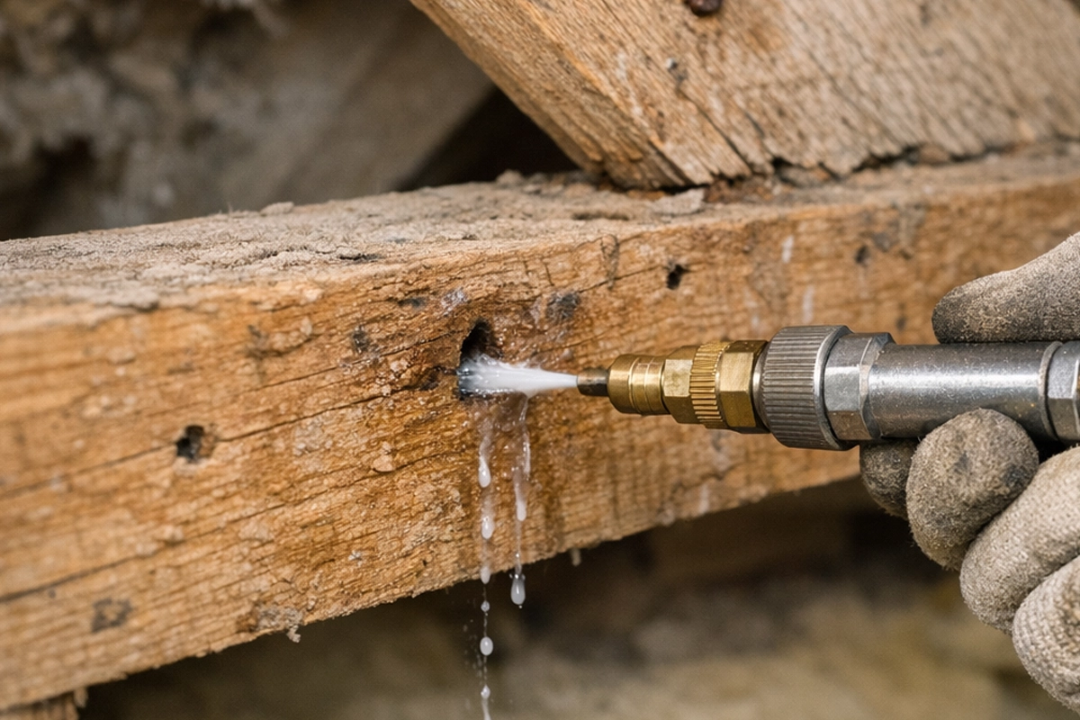 détail injection produit traitement bois charpente La Rochelle