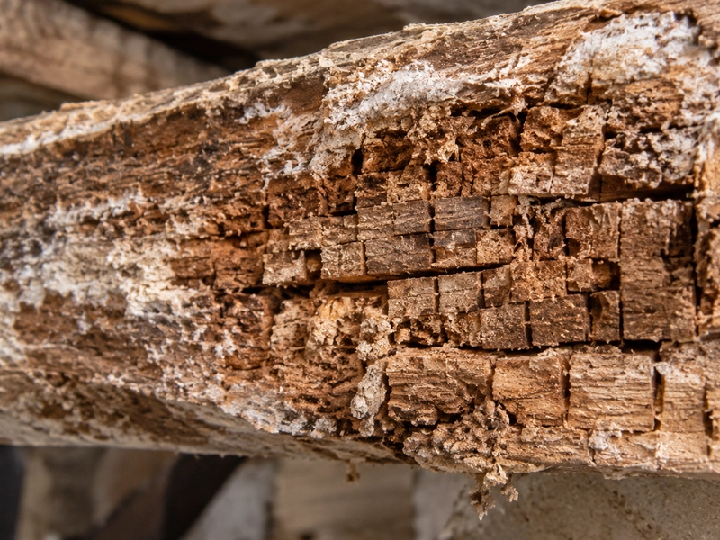Pièce de bois fissurée en cubes par un champignon