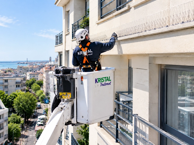 Technicien intervenant sur la façade d'un immeuble avec nacelle