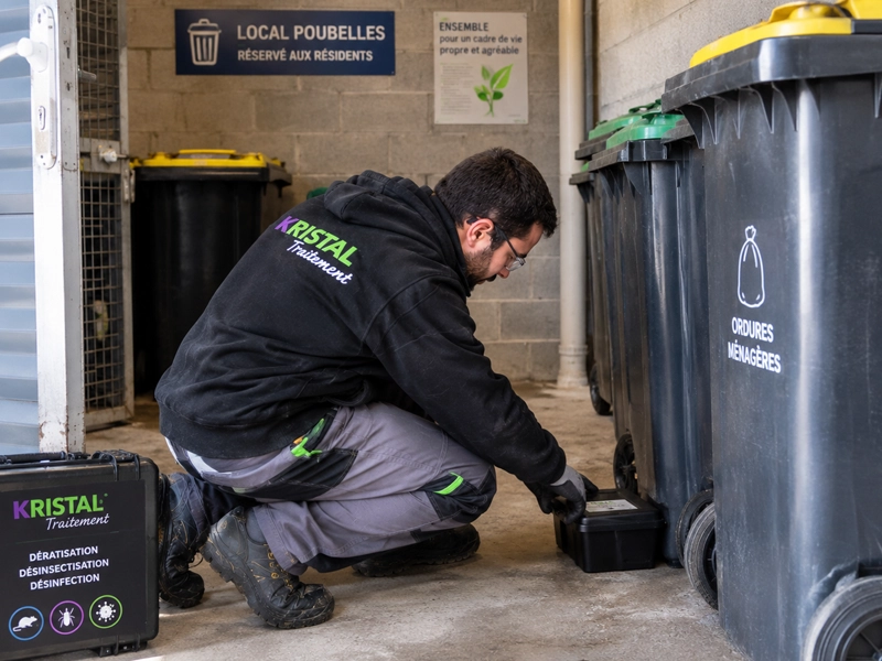 Technicien posant un poste dans un local poubelles d'immeuble