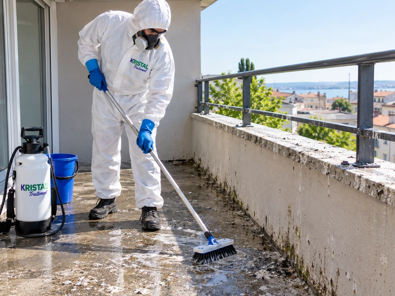 Technicien en tenue de protection nettoyant une zone souillée par des fientes