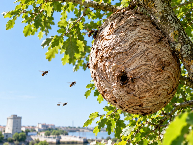 Nid de frelons asiatiques dans un arbre