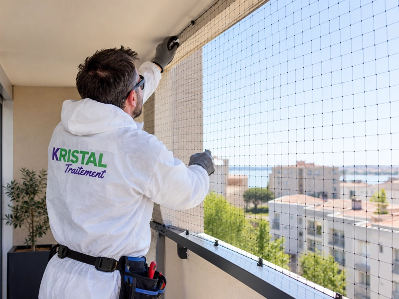 Technicien posant un filet de protection sur un balcon d'immeuble