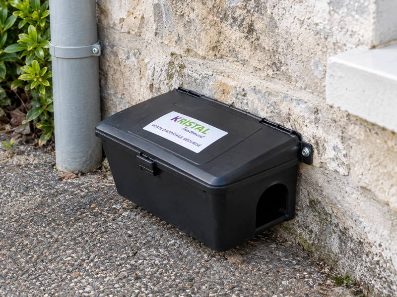 Poste d'appâtage sécurisé fixé le long d'un mur extérieur