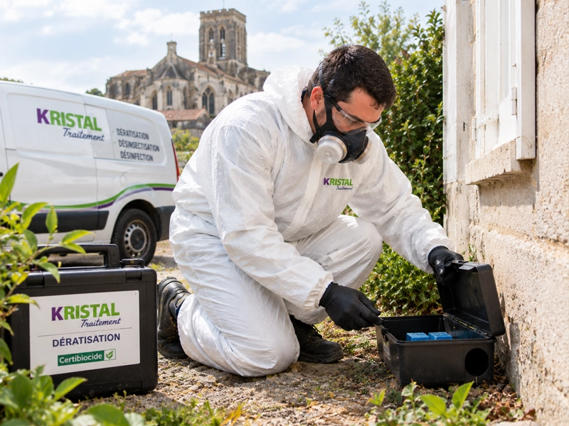 Technicien de dératisation Kristal Traitement en tenue de protection