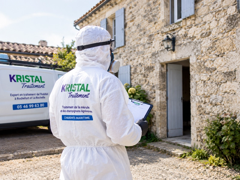 Technicien Kristal Traitement en tenue de protection devant un bâtiment ancien