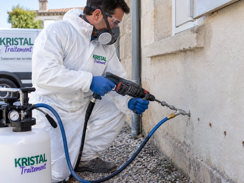 Technicien en tenue de protection devant un bâtiment à Rochefort