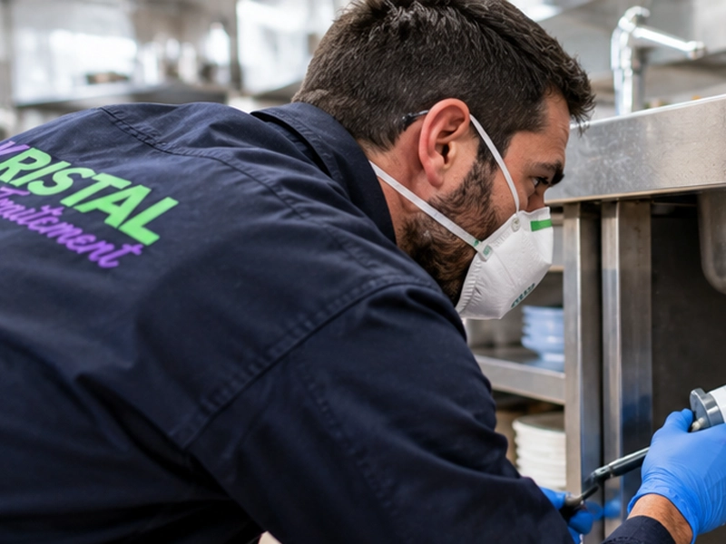 Technicien posant un gel anti-blattes sous un évier