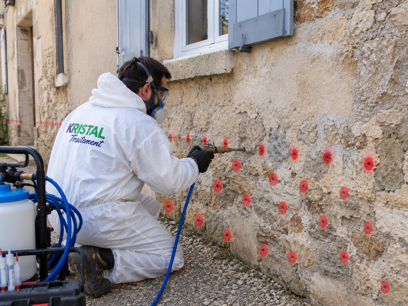 Technicien traitant un mur