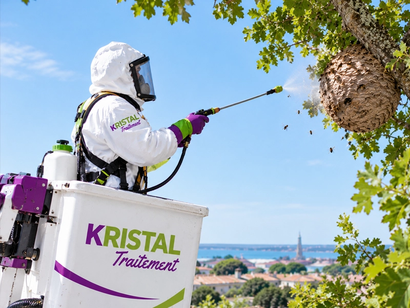 Technicien traitant un nid de frelons en hauteur